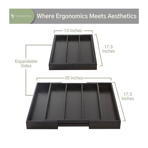 Purawood Bamboo Drawer Organizer Expandable 3-5 Slots Kitchen Silverware Black - Picture 6 of 8